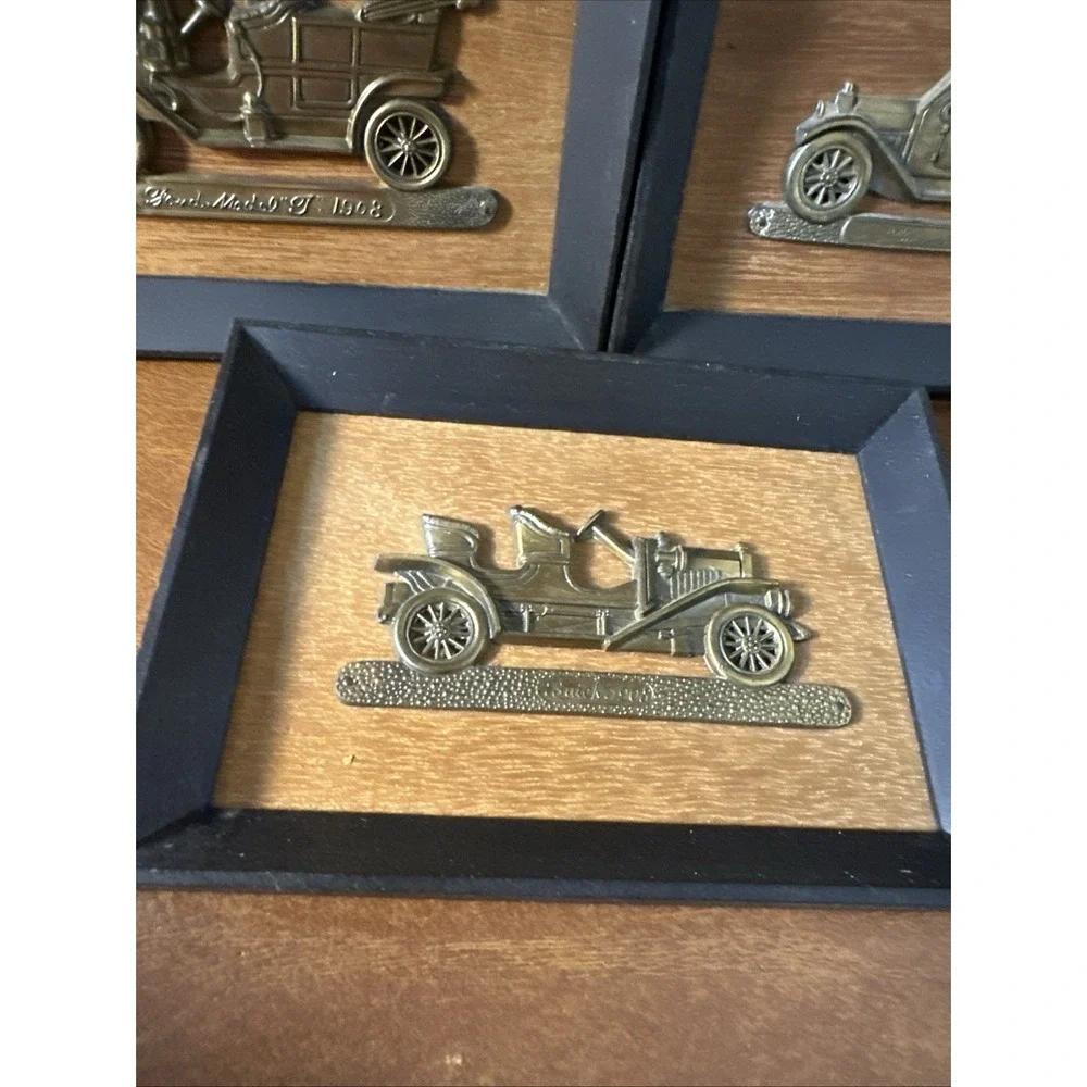 Vintage Brass Antique Cars Mounted on Wood Wall Hangings  Japan 5